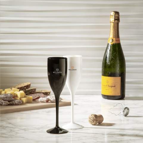 Reusable, luxury champagne glass made from polycarbonate. Virtually unbreakable. The plastic glass has a chic, festive look and is a popular eye-catcher at events, weddings and garden parties. The glass is dishwasher safe. Washing by hand is recommended to preserve the imprint. Capacity 150 ml. Made in Europe.