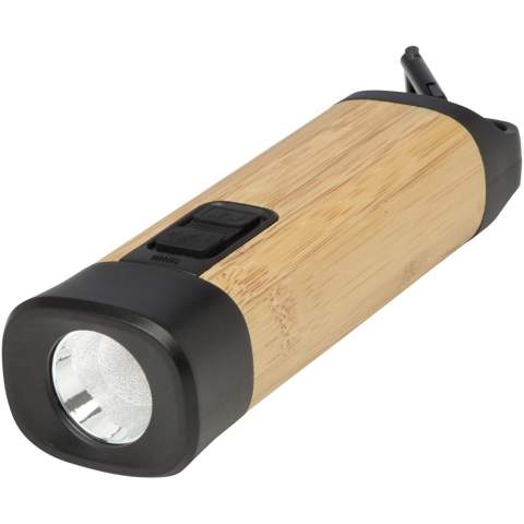 The Kuma torch with carabiner is crafted from certified bamboo and 41% RCS certified recycled plastic, making it a more sustainable choice for exploring the outdoors, tackling DIY projects, or navigating power outages. Featuring a powerful 3W COB light source available in 3 different light modes, the Kuma produces 80 lumens of light with a beam distance of up to 100 meters when fully charged. Equipped with a high-capacity 1200 mAh Li-ion 18650 battery, the torch ensures longevity and reliability, producing 3.5-4.5 hours of continuous illumination on a single charge. The included aluminium carabiner allows for easy attachment to backpacks, belts, or gear, making it a trusty companion for camping or hiking. Since bamboo is a natural product, there may be slight variations in colour and size per item, which may affect the final printing outcome. Delivered with a 30 cm TPE Type-C charging cable, and packed in a STAC gift box from sustainable sources.