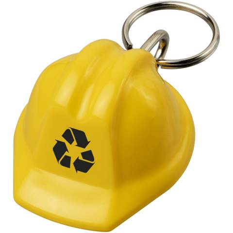 Hard hat shaped keychain made from recycled plastic with a metal split keyring. Ideal for construction or safety organisations and campaigns. Due to the nature of recycled plastic, colour shades may vary slightly, and there may be specks of colour. Made in the UK.