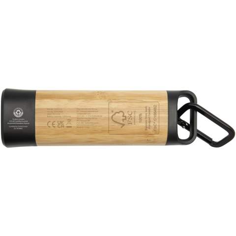 The Kuma torch with carabiner is crafted from certified bamboo and 41% RCS certified recycled plastic, making it a more sustainable choice for exploring the outdoors, tackling DIY projects, or navigating power outages. Featuring a powerful 3W COB light source available in 3 different light modes, the Kuma produces 80 lumens of light with a beam distance of up to 100 meters when fully charged. Equipped with a high-capacity 1200 mAh Li-ion 18650 battery, the torch ensures longevity and reliability, producing 3.5-4.5 hours of continuous illumination on a single charge. The included aluminium carabiner allows for easy attachment to backpacks, belts, or gear, making it a trusty companion for camping or hiking. Since bamboo is a natural product, there may be slight variations in colour and size per item, which may affect the final printing outcome. Delivered with a 30 cm TPE Type-C charging cable, and packed in a STAC gift box from sustainable sources.