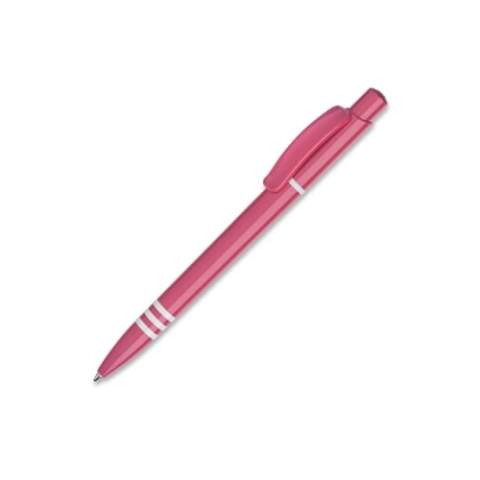 The Tropic Colour ball pen in hardcolour has a large imprint space on both, clip, and barrel. With a coloured barrel, pusher, and clip. The barrel has three white coloured rings. Includes a pusher mechanism and a blue writing Jumbo refill. The pen is made of ABS plastic and is made in Europe. From orders of 5.000 pieces, you can choose your own colour combination.