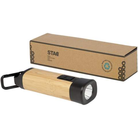 The Kuma torch with carabiner is crafted from certified bamboo and 41% RCS certified recycled plastic, making it a more sustainable choice for exploring the outdoors, tackling DIY projects, or navigating power outages. Featuring a powerful 3W COB light source available in 3 different light modes, the Kuma produces 80 lumens of light with a beam distance of up to 100 meters when fully charged. Equipped with a high-capacity 1200 mAh Li-ion 18650 battery, the torch ensures longevity and reliability, producing 3.5-4.5 hours of continuous illumination on a single charge. The included aluminium carabiner allows for easy attachment to backpacks, belts, or gear, making it a trusty companion for camping or hiking. Since bamboo is a natural product, there may be slight variations in colour and size per item, which may affect the final printing outcome. Delivered with a 30 cm TPE Type-C charging cable, and packed in a STAC gift box from sustainable sources.