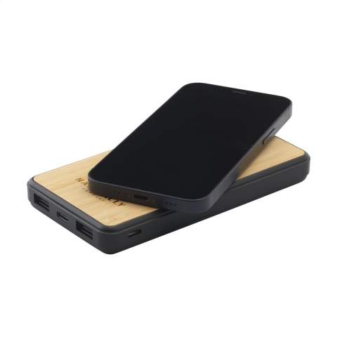 Power bank with the convenience of wireless charging. The casing of this product is made from recycled ABS with a top layer of bamboo. This charger comes with a Li-ion Polymer battery (10,000mAh) and 2 USB-A ports and a USB-C connection. Input: Type-C-DC5V/2.0A. Output: Dual USB-A-DC5V/2.1A. Wireless Output: 5W. Compatible with all mobile devices that support QI wireless charging. With indicator lights and an on/off button. Includes USB-C charging cable and a user manual. RCS-certified. Total recycled material: 33%. Each item is supplied in an individual brown cardboard box.