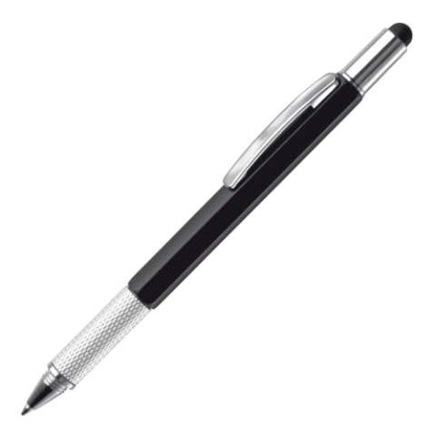 Multi-functional ball pen with touchscreen tip, including a screwdriver, ruler and spirit level featuring blue writing ink.