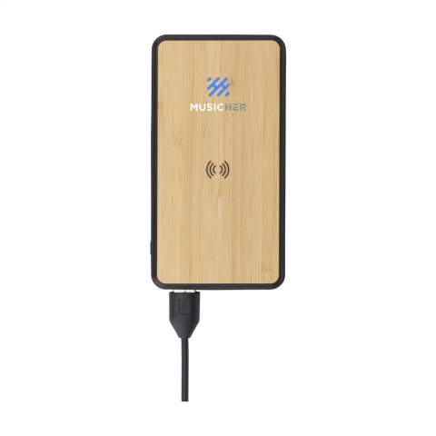 Power bank with the convenience of wireless charging. The casing of this product is made from recycled ABS with a top layer of bamboo. This charger comes with a Li-ion Polymer battery (10,000mAh) and 2 USB-A ports and a USB-C connection. Input: Type-C-DC5V/2.0A. Output: Dual USB-A-DC5V/2.1A. Wireless Output: 5W. Compatible with all mobile devices that support QI wireless charging. With indicator lights and an on/off button. Includes USB-C charging cable and a user manual. RCS-certified. Total recycled material: 33%. Each item is supplied in an individual brown cardboard box.