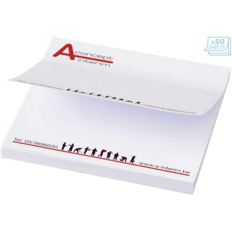 Sticky-Mate® sticky notes. Standaard model bestaat uit 50 vellen zelfklevend 80 g/m2 papier in een keuze van kleuren. Full colour print beschikbaar op elk vel. Beschikbaar in 3 formaten (25/50/100 vellen).