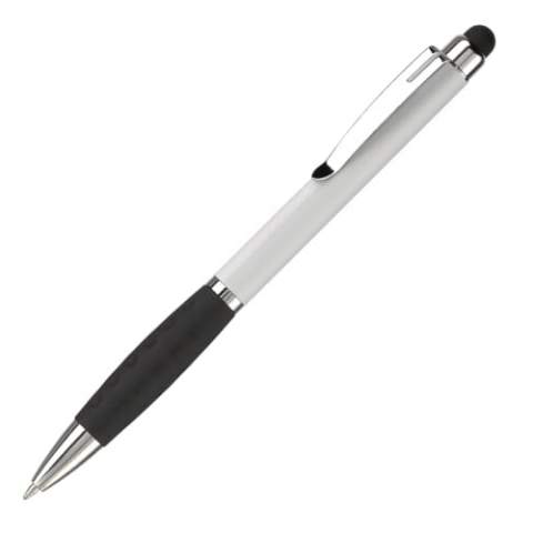 Plastic touchscreen pen with a metal clip and rubber grip. Twist mechanism. Blue  writing ink refill.