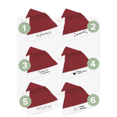 Polyester Christmas hat. - This product is printed with a standard Christmas design. Choice of 6 different designs as shown in the images. It is not possible to customize a design.