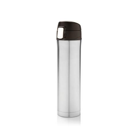 Double wall stainless steel vacuum flask that keeps your drink warm for up to 5 hours or cool up to 15 hours. The lid is lockable and therefore avoids any risk of leaking or spilling. The lid is easy to keep clean for optimal hygiene and can even be washed in the dishwasher. The unique design of the flask allows you to drink conveniently and safely with one hand directly from the flask. The size of the flask is suitable to place in any car drink holder. Capacity: 450 ml.<br /><br />HoursHot: 5<br />HoursCold: 15