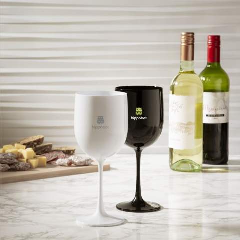 Reusable, luxury wine glass made from polycarbonate. Virtually unbreakable. The plastic glass has a chic, festive look and is a popular eye-catcher at events, weddings and garden parties. The glass is dishwasher safe. Washing by hand is recommended to preserve the imprint. Capacity 480 ml. Made in Europe.