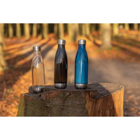 Elevate your daily water intake using this leakproof water bottle with stainless steel lid and bottom and transparent body. With a base that fits in most cup holders, this sleek looking water bottle will keep you hydrated on the go wherever you are. Capacity 500ml. BPA free.