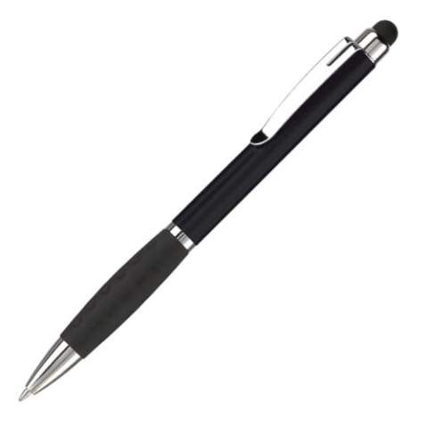 Plastic touchscreen pen with a metal clip and rubber grip. Twist mechanism. Blue  writing ink refill.