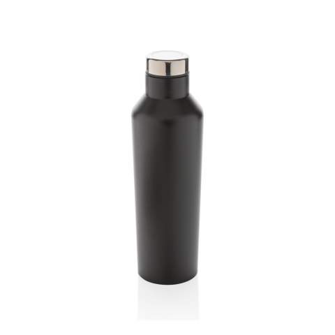 A beautiful contemporary vacuum stainless steel bottle that makes a statement. With its unique design this bottle is a definite asset to your essentials. Made of high quality stainless steel with leakproof screw on lid.  It keeps whatever you fancy cold for up to 15 hours or hot for up to 5 hours. BPA free.<br /><br />HoursHot: 5<br />HoursCold: 15