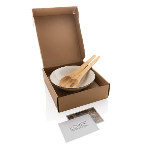 This beautiful Ukiyo salad bowl is ideal for salads or other bigger dishes. The bowl is made of ceramic and has a black detailed edge, which gives it an exciting and rustic look that is extremely suitable for a modern home. The bowl comes with bamboo salad cutlery which makes the set complete. The bowl is both dishwasher and microwave safe. Including kraft gift box. Dimensions: dia 25.5cm.