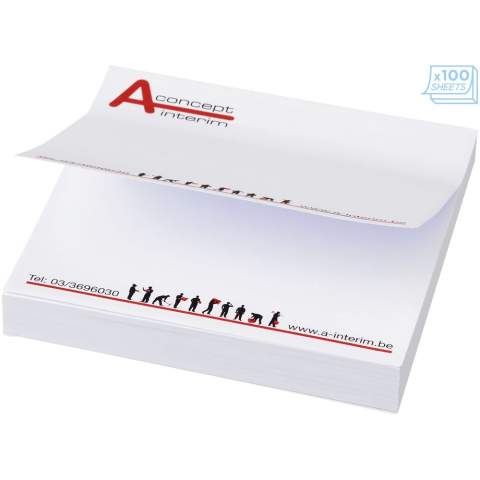 Sticky-Mate® sticky notes. Standaard model bestaat uit 50 vellen zelfklevend 80 g/m2 papier in een keuze van kleuren. Full colour print beschikbaar op elk vel. Beschikbaar in 3 formaten (25/50/100 vellen).