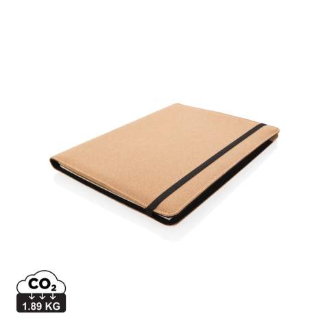 Keep all your work essentials organised in this beautiful A4 cork portfolio with black details. Inside you will find 1 big sleeve pocket, 1 phone pocket, 2 additional pockets, 4 card slots and a pen loop. Including matching cork and wheatstraw pen plus recycled paper notepad. The notepad contains 20 sheets cream coloured lined 80gm/s recycled paper. Elastic closure. Comes in kraft gift box.<br /><br />NotebookFormat: A4<br />NumberOfPages: 20