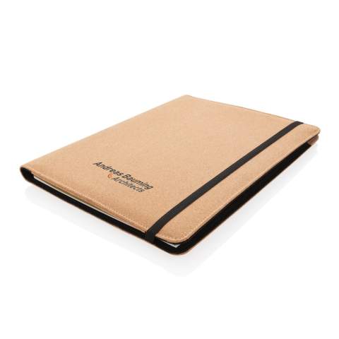 Keep all your work essentials organised in this beautiful A4 cork portfolio with black details. Inside you will find 1 big sleeve pocket, 1 phone pocket, 2 additional pockets, 4 card slots and a pen loop. Including matching cork and wheatstraw pen plus recycled paper notepad. The notepad contains 20 sheets cream coloured lined 80gm/s recycled paper. Elastic closure. Comes in kraft gift box.<br /><br />NotebookFormat: A4<br />NumberOfPages: 20