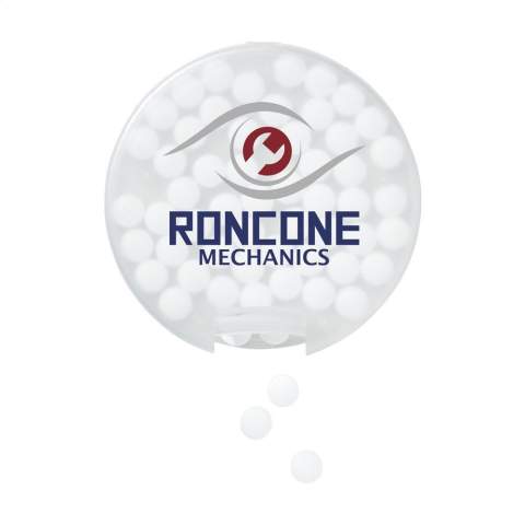 Boîte distributrice en plastique rond rempli d'environ 12 g (55 pcs) de bonbons sans sucre à la menthe.