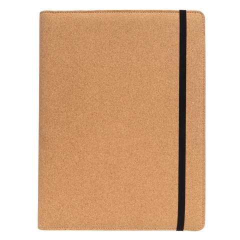 Keep all your work essentials organised in this beautiful A4 cork portfolio with black details. Inside you will find 1 big sleeve pocket, 1 phone pocket, 2 additional pockets, 4 card slots and a pen loop. Including matching cork and wheatstraw pen plus recycled paper notepad. The notepad contains 20 sheets cream coloured lined 80gm/s recycled paper. Elastic closure. Comes in kraft gift box.<br /><br />NotebookFormat: A4<br />NumberOfPages: 20