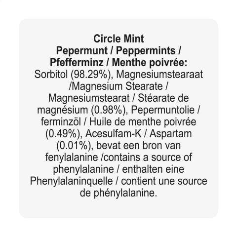 Boîte distributrice en plastique rond rempli d'environ 12 g (55 pcs) de bonbons sans sucre à la menthe.