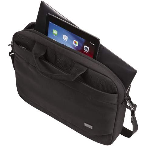 Features a main compartment with a padded 14" laptop sleeve and a 10.1" tablet pocket. Comes with a front organization panel to store pens, small electronics and cables. The front pocket contains a hidden zipper to keep phone secure and accessible. Contains removable, padded and adjustable shoulder straps, padded top handles and trolley tunnel. Case Logic warranty: 25 years.