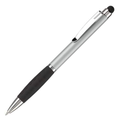 Plastic touchscreen pen with a metal clip and rubber grip. Twist mechanism. Blue  writing ink refill.