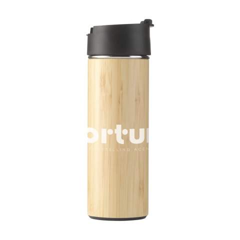 Double-walled, leak proof, vacuum-insulated stainless steel thermo bottle/thermo cup with bamboo finish. Includes a removable stainless steel tea strainer. Capacity 360 ml. Each item is supplied in an individual brown cardboard box.