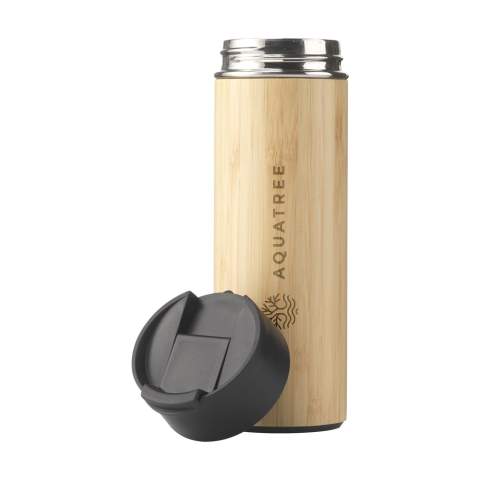 Double-walled, leak proof, vacuum-insulated stainless steel thermo bottle/thermo cup with bamboo finish. Includes a removable stainless steel tea strainer. Capacity 360 ml. Each item is supplied in an individual brown cardboard box.