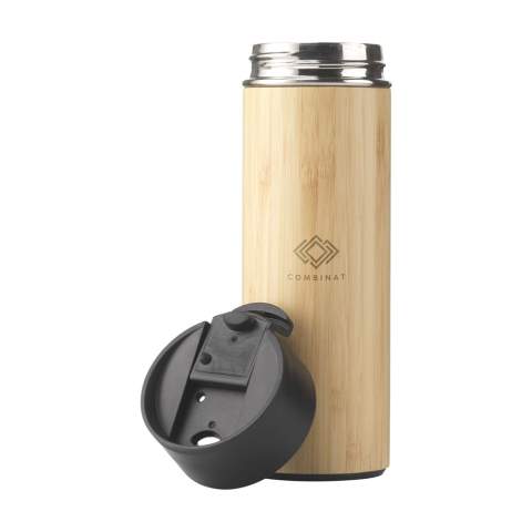 Double-walled, leak proof, vacuum-insulated stainless steel thermo bottle/thermo cup with bamboo finish. Includes a removable stainless steel tea strainer. Capacity 360 ml. Each item is supplied in an individual brown cardboard box.