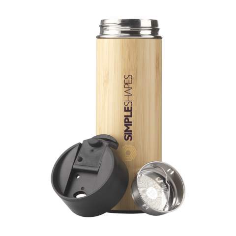 Double-walled, leak proof, vacuum-insulated stainless steel thermo bottle/thermo cup with bamboo finish. Includes a removable stainless steel tea strainer. Capacity 360 ml. Each item is supplied in an individual brown cardboard box.