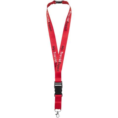 The Yogi lanyard is a good choice for various events and employee badges. This strong polyester lanyard with a practical detachable buckle is also great for attaching ID cards and keys. For extra safety measures the breakaway closure is released when force is applied. The Yogi lanyard is available in several colours.