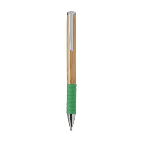 WoW! Blue ink ballpoint pen with bamboo holder, metal clip, turn-click system and coloured rubber non-slip grip. For an ecological impression.