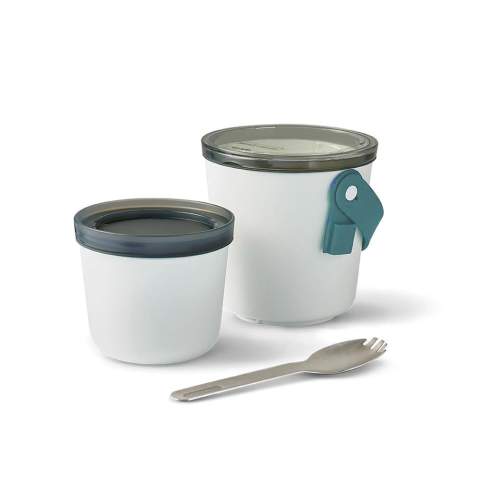 Inspired by Indian tiffin carriers, the Lunch Pot is slimmer and taller which makes it compact and easy to put in your bag. The Lunch Pot Original consists of two water-tight pots that can be locked together for carrying. The pots have a convenient silicone carrying strap which also holds the stainless steel “spork” (spoon and fork). Separate anything from yoghurt and fruit to noodles and soup. When you’re finished, the smaller pot fits inside the larger pot for easy storage. Microwave and dishwasher safe, apart from tritan lid.