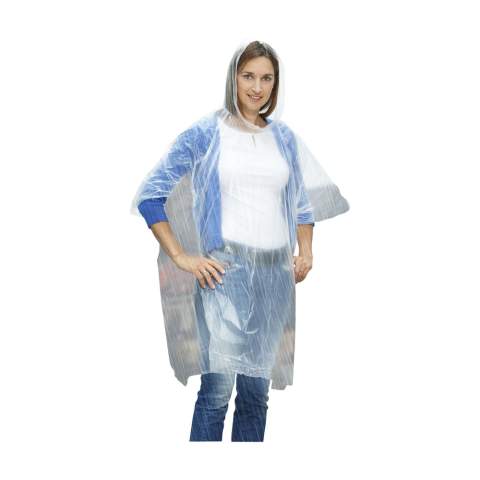 Transparent, lightweight waterproof plastic poncho in a poly bag. Unfolded dimensions, measured without hood: 100 x 120 cm.