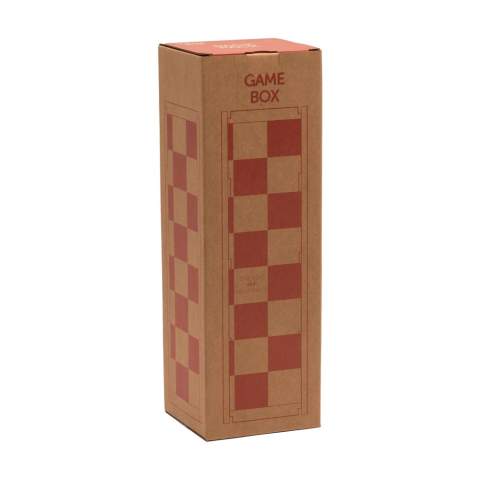 Rackpack Gamebox Chess: a wine gift box and chess game in one. A gift box for one bottle of wine. The box fully opens to reveal a complete board game. Features wooden chess pieces in a sturdy canvas storage bag. The complete gift for a successful game night.  Rackpack: a wine gift box made from FSC 100% certified wood with a new second life! • suitable for one bottle of wine • pine wood • wine not included. Each item is supplied in an individual brown cardboard box.