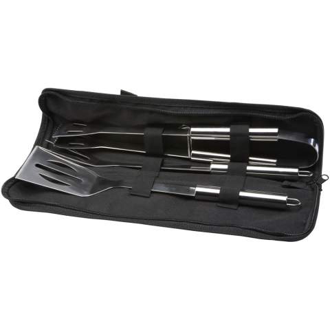 3-teiliges BBQ-Set mit Wender (34,8 x 7,5 cm), Gabel (35,4 x 3,35 cm) und einer Zange (35 x 6,8 x 4 cm). Das gesamte Zubehör wird in einem leichten Tasche geliefert, der den Transport und die Aufbewahrung erleichtert. Das perfekte Grillzubehör für den Garten oder zum Grillen im Freien mit Freunden und Familie.