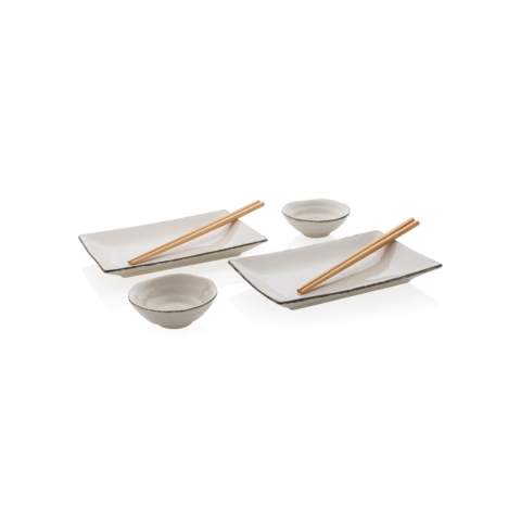 Enjoy the tastiest sushi with this beautiful Ukiyo 8 pcs sushi set for two that offers two plates with a clean white design and black-detailed rim. The dinnerware set also comes with two matching dipping sauce dishes and two pairs of chopsticks. Packed in a Kraft giftbox.