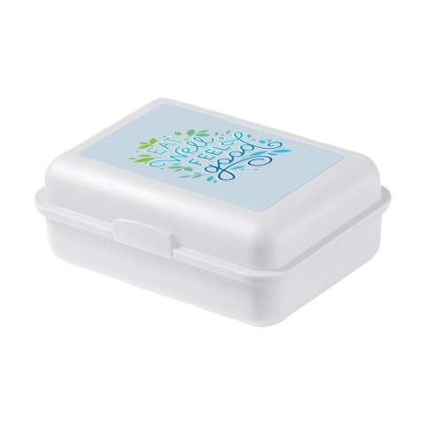 Praktische, royale lunchbox van stevig bio-plastic. Met handige kliksluiting. BPA-vrij, Food Approved, smaakneutraal en 100% recyclebaar. Made in Germany.  Het oppervlak is ideaal voor een full colour iMould opdruk (water-, kras-, kleur- en UV-bestendig) in elk gewenst design. Minimale afname 500 stuks per kleur.