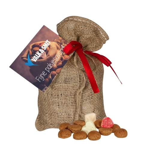 Jute bag filled with approx. 250 grams of "Strooigoed" and provided with a full color double-sided printed card