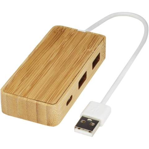 USB 2.0 hub van bamboe met 2 USB-A poorten en 1 Type-C poort. Compatibele besturingssystemen: Windows Vista, Windows XP, Windows Me, Win2000, Windows 7, Windows 8, Windows10, Mac OS X v10.8. Geleverd in een geschenkverpakking inclusief handleiding (beide gemaakt van duurzaam materiaal).