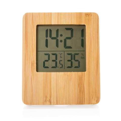 Bamboo weather station with 3 functions: time/date, indoor humidity and temperature. Including 2 AAA batteries for direct use. Bamboo and ABS material. Humidty tolerance max 5%.