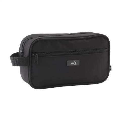 WoW! Large toiletry bag with zipper. Made from 600D RPET: recycled material made from PET bottles. With carrying strap and front pocket with zipper. The metal label on the front makes this product ideal for personalisation.