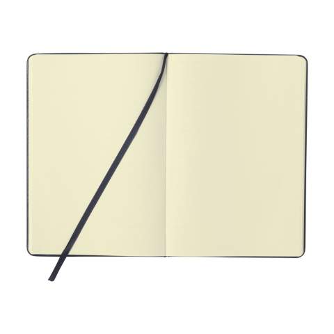 Practical notebook in A5 format. With hard PU cover, approx. 80 blank sheets/160 pages of cream coloured, unlined FSC Mix certified paper (70 g/m²), elastic closure and ribbon marker.