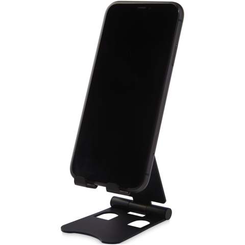 Foldable phone stand made of aluminium. Both the height and viewing angle can be adjusted, making this the perfect accessory for conference calls, broadcasts, live streaming, or simply to watch a movie. The bottom has anti-slip material to prevent it from moving. Delivered in a premium kraft paper box with a colourful sticker.