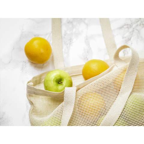 WoW! Robuster Mesh-Shopper aus 100% Baumwolle in Bio-Qualität (180 g/m²). Mit stabilem gewebtem Boden und langen Tragegriffen. Fassungsvermögen ca. 12 Liter.