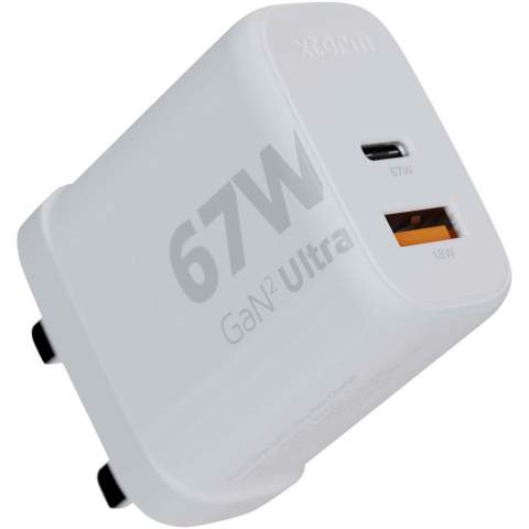 Das 67 W GaN² Ultra Wandladegerät mit UK-Stecker ist kompakter und leistungsstärker als je zuvor. Mit seinem kompakten Design und seiner Dual-Port-Funktionalität ist dieses Wandladegerät perfekt für Ihre Reisen, Ihr Büro oder Ihr Zuhause. Um Abfall zu vermeiden und einen Beitrag zu einer nachhaltigeren Zukunft zu leisten, besteht das Ladegerät zu 97 % aus recyceltem Kunststoff. Output: 1 USB-C 67 W Stromversorgung und 1 USB-A 18 W Schnellladung. Wird mit einem Benutzerhandbuch geliefert.