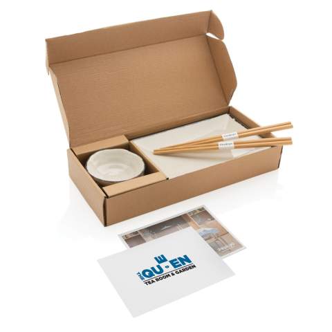 Enjoy the tastiest sushi with this beautiful Ukiyo 8 pcs sushi set for two that offers two plates with a clean white design and black-detailed rim. The dinnerware set also comes with two matching dipping sauce dishes and two pairs of chopsticks. Packed in a Kraft giftbox.