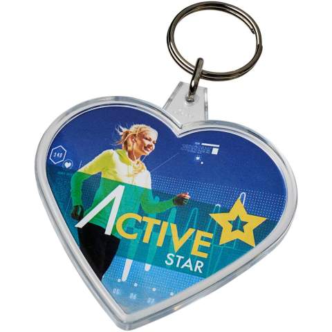 Clear heart-shaped keychain with metal split keyring. The metal looped ring offers a flat profile which is ideal for mailings. Print insert dimensions: 5,8 cm x 5,0 cm.