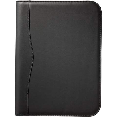 The perfect item with which every employee indirectly contributes to greater awareness of every brand: the Ebony portfolio. The A4-sized portfolio includes a handy compartment plus a zipper pocket for storing documents. Next to this, it has a 20-pages lined notepad plus a pen loop (pen and accessories not included). Close the portfolio with the zipper to keep the contents neat and well protected. The portfolio is made of durable imitation leather and offers plenty of space for large logos.