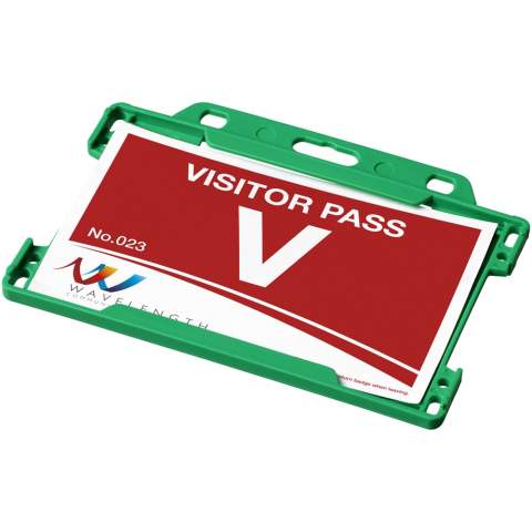 Porte-cartes format paysage idéal pour les expositions, lieux de travail et événements de réseautage. Adapté aux pass de la taille de cartes de visite standards et de cartes de crédit.